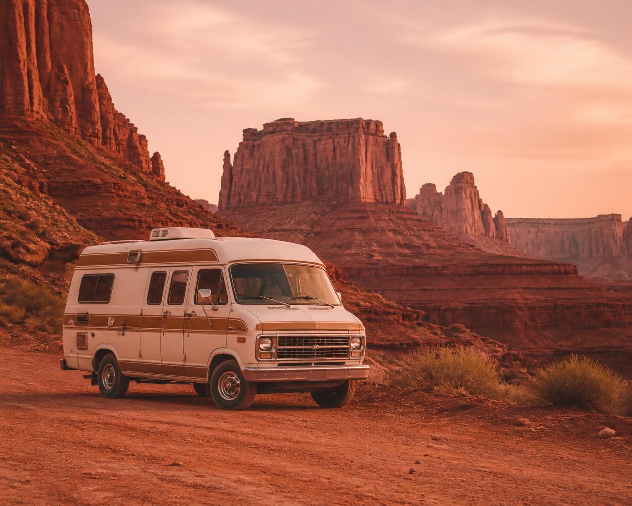 Vintage campervan parked on a red desert road below sandstone mesas at golden hour